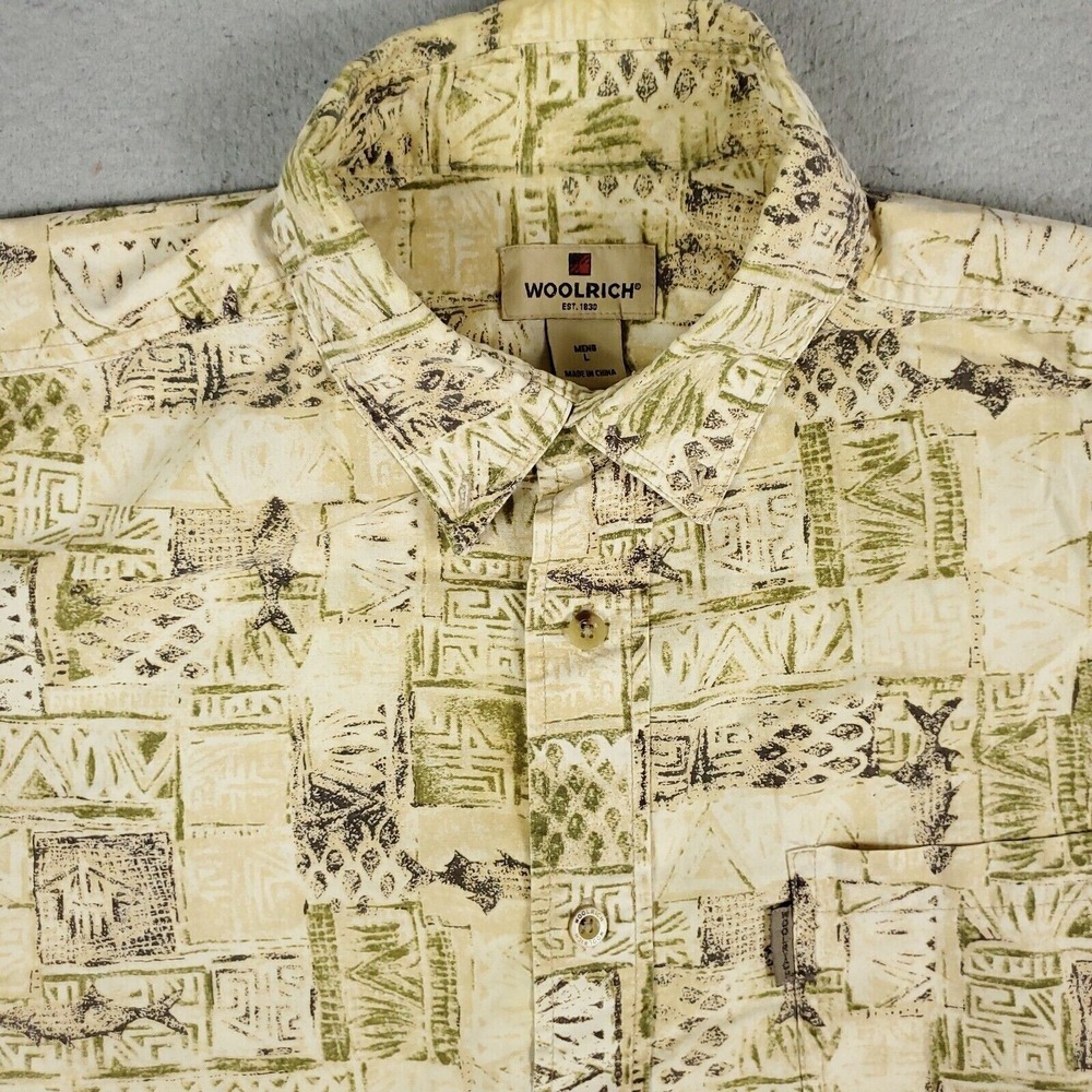 Woolrich Beige Yellow Tropical Casual Mens Short Sleeve Button Up Shirt Large